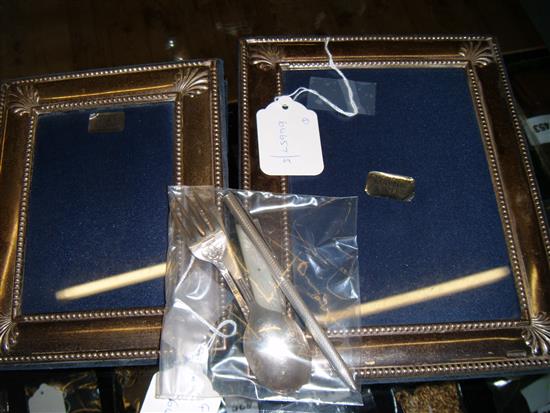 Two Mappin & Webb silver photograph frames, Sterling Stieff spoon & fork Christening set, silver pen & silver MOP penknife